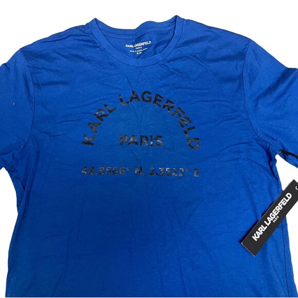 Karl Lagerfeld Paris  T Shirt Men’s S Blue Spellout Logo Designer Coordinates - Picture 1 of 8